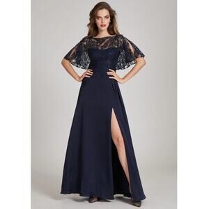 Teri Jon Emma Gown Navy Blue‎ Sequin Lace Flutter Sleeves Side Slit Sz 2